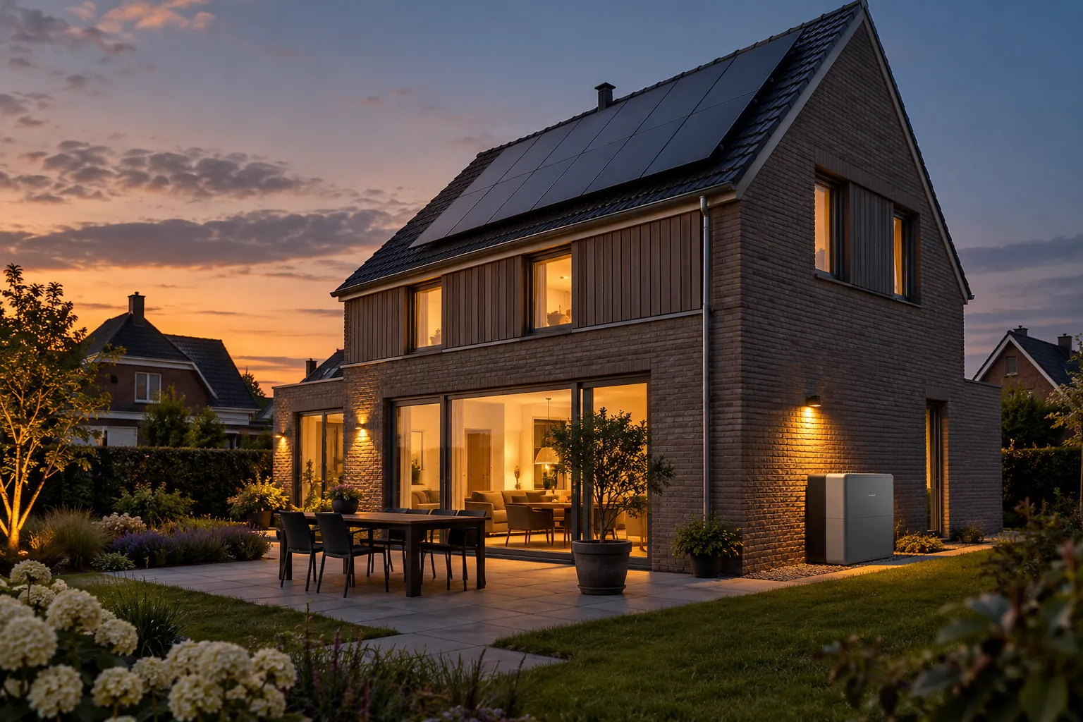 Woning in de avond met een thuisbatterij aan de gevel