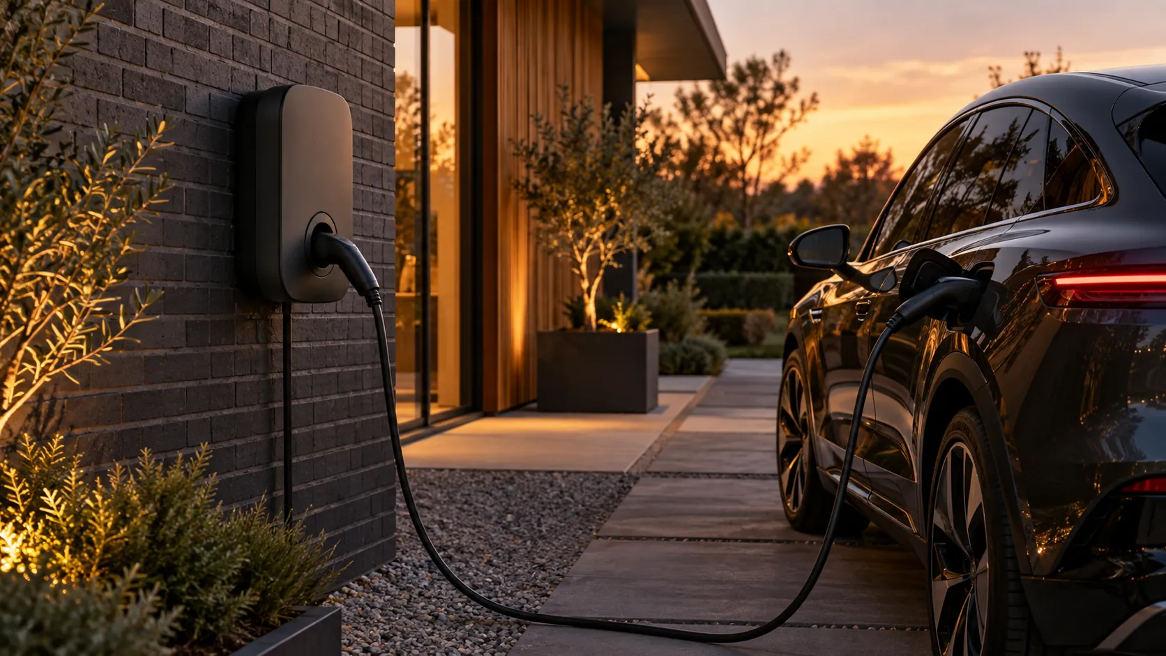 Elektrische auto aan een laadpaal bij huis
